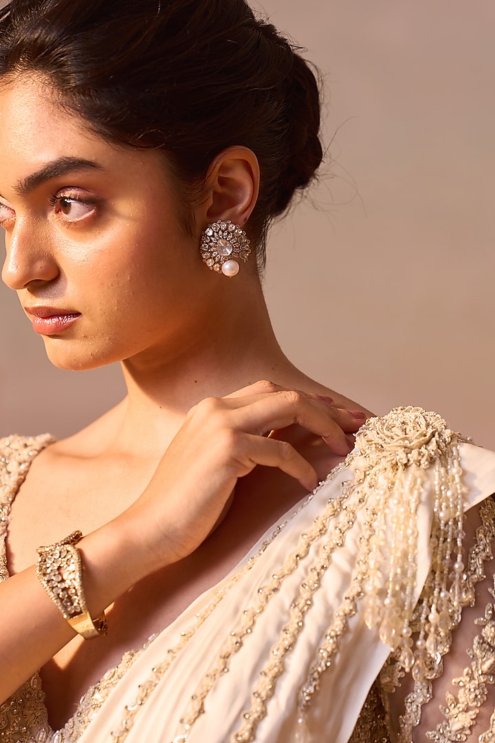 Ivory Satin & Net Pre-Draped Wedding Saree Set by NITIKA GUJRAL at Pernia's Pop Up Shop