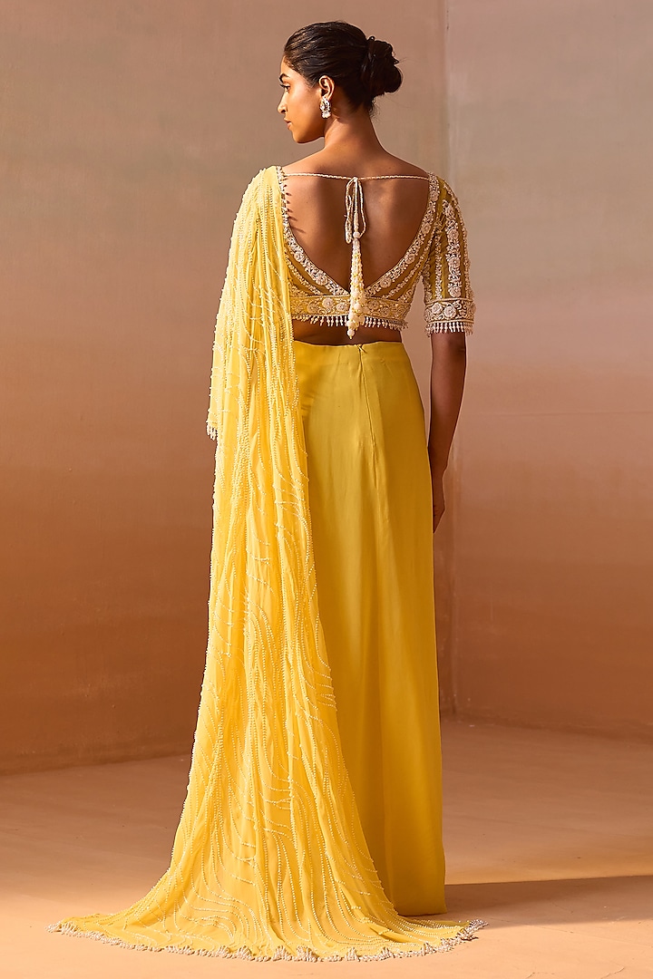 Sunshine Yellow Georgette & Net Pearl Work Pre-Draped Wedding Saree Set by NITIKA GUJRAL at Pernia's Pop Up Shop