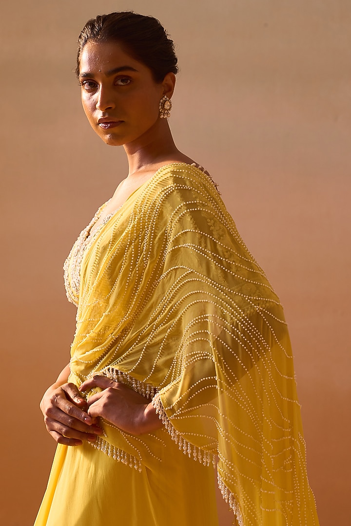Sunshine Yellow Georgette & Net Pearl Work Pre-Draped Wedding Saree Set by NITIKA GUJRAL at Pernia's Pop Up Shop