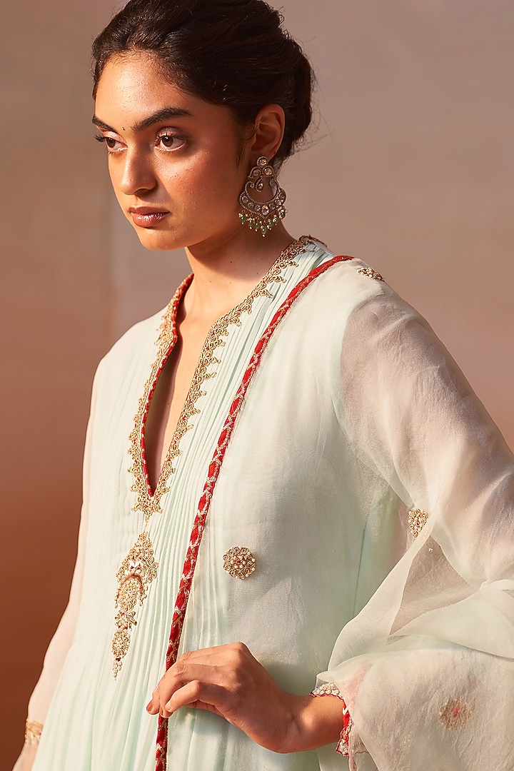 Soft Aqua Green Georgette Zardosi & Mukaish Work Wedding Anarkali Set by NITIKA GUJRAL at Pernia's Pop Up Shop