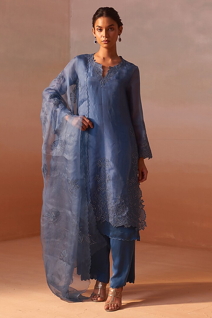 Blue Organza Applique & Mukaish Work Kurta Set by NITIKA GUJRAL at Pernia's Pop Up Shop