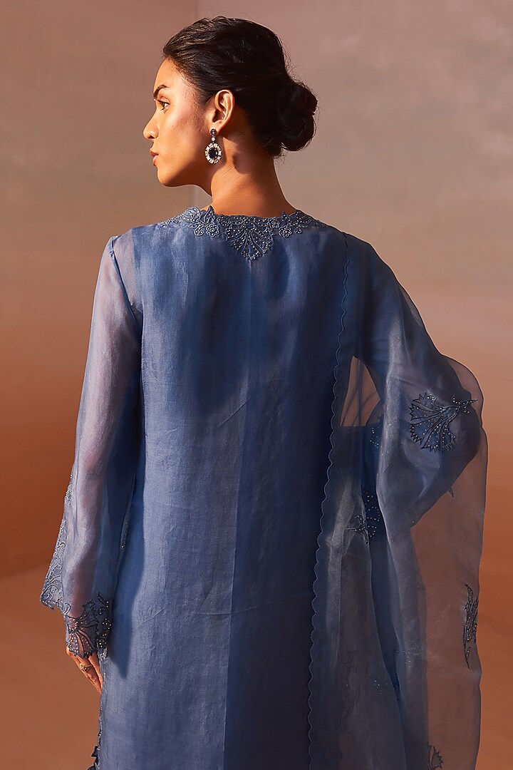 Blue Organza Applique & Mukaish Work Kurta Set by NITIKA GUJRAL at Pernia's Pop Up Shop