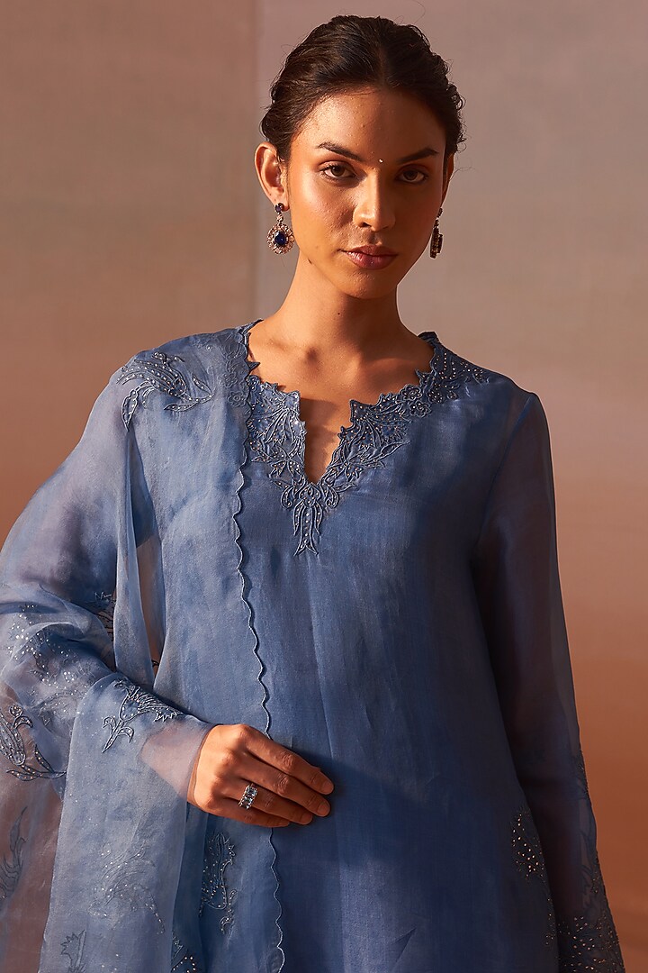 Blue Organza Applique & Mukaish Work Kurta Set by NITIKA GUJRAL at Pernia's Pop Up Shop