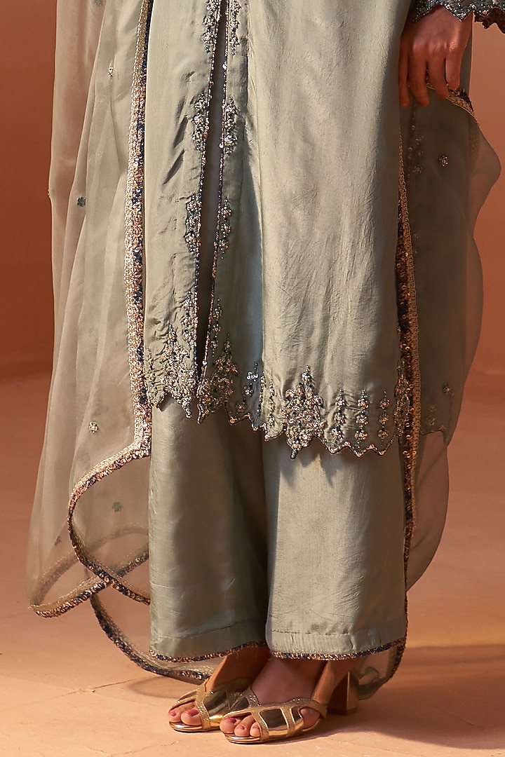 Sage Green Silk Zari Embroidered Kurta Set by NITIKA GUJRAL at Pernia's Pop Up Shop