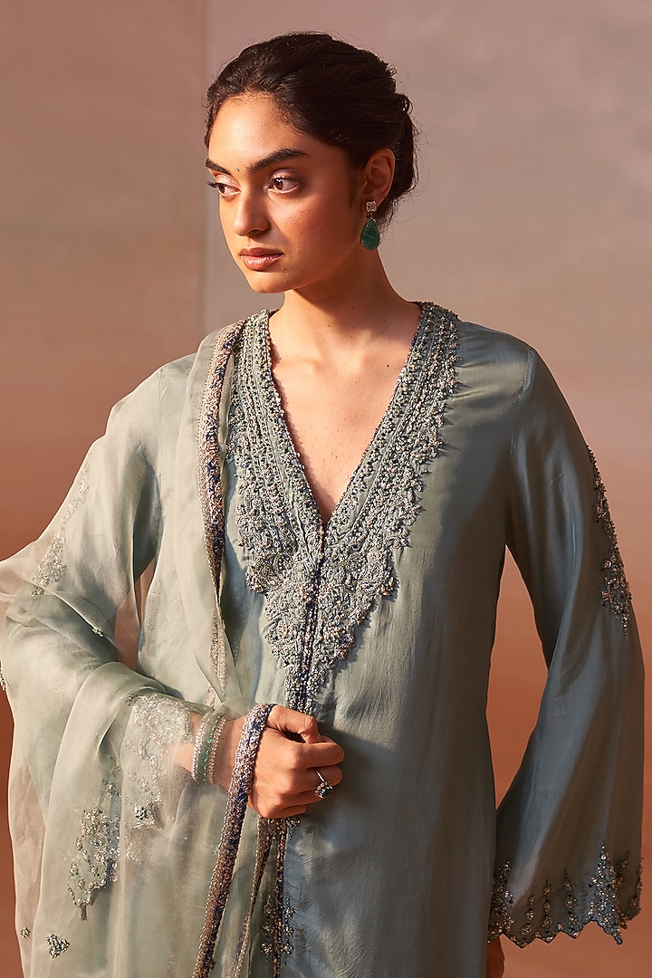 Sage Green Silk Zari Embroidered Kurta Set by NITIKA GUJRAL at Pernia's Pop Up Shop