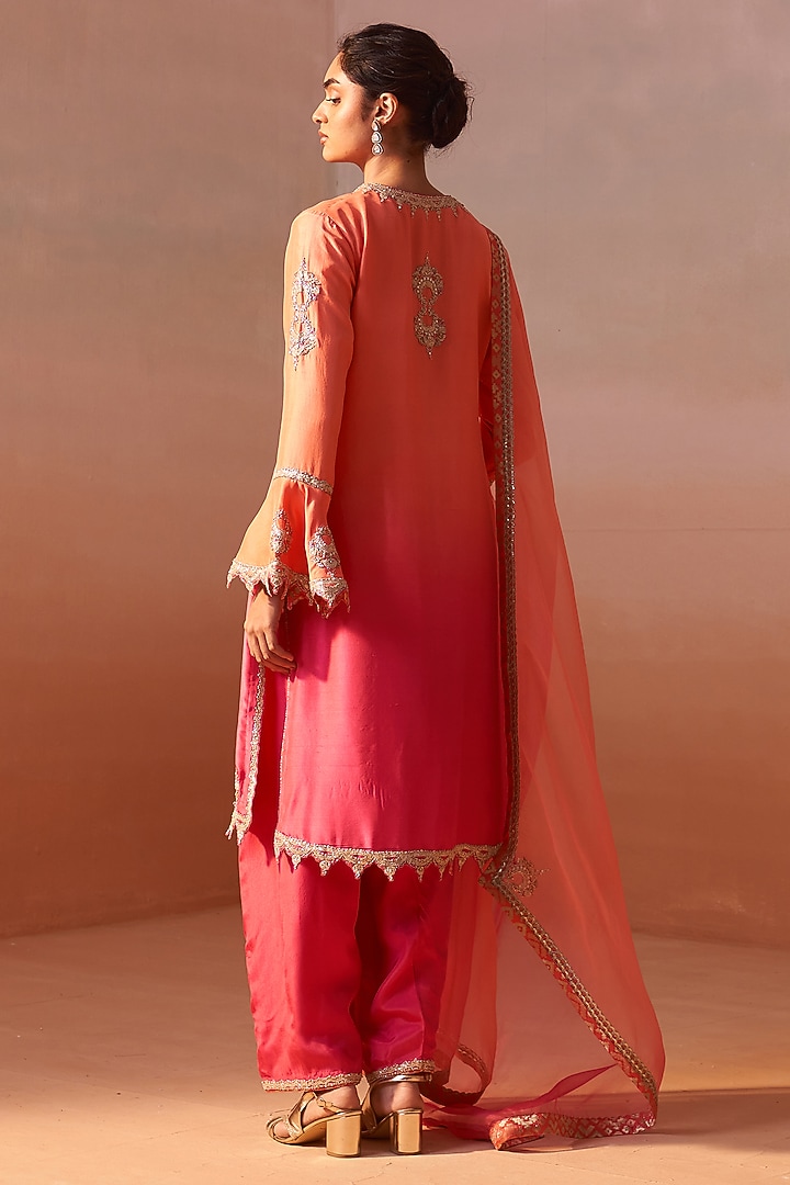 Peach Ombre Dupion Silk Mukaish Embellished Kurta Set by NITIKA GUJRAL at Pernia's Pop Up Shop