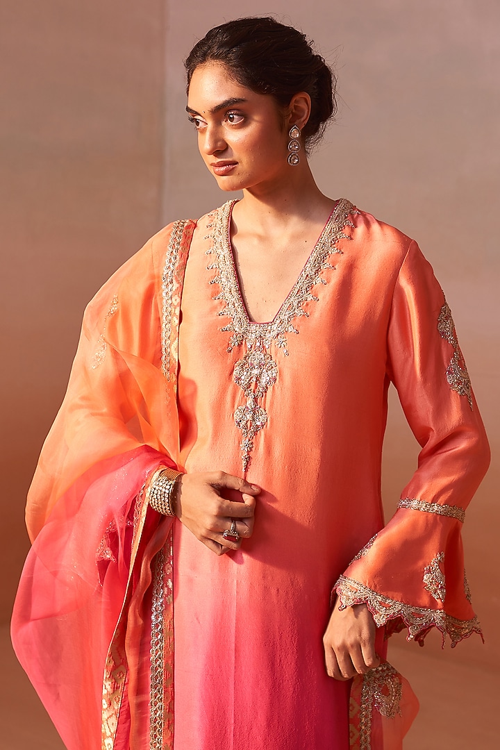Peach Ombre Dupion Silk Mukaish Embellished Kurta Set by NITIKA GUJRAL at Pernia's Pop Up Shop