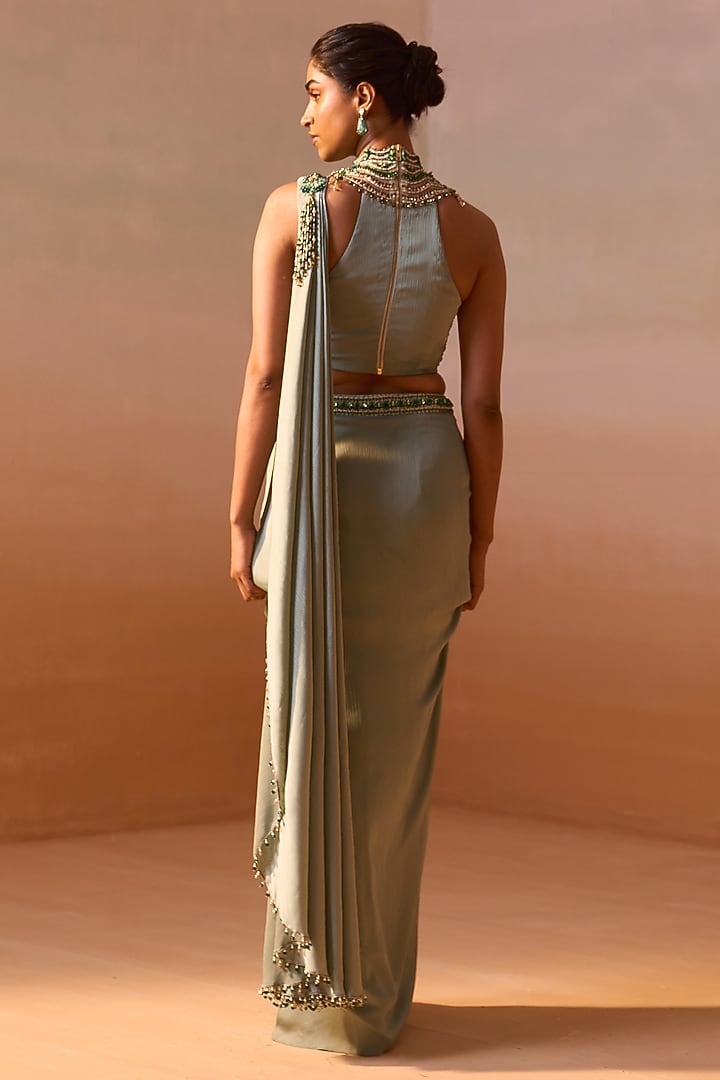 Sage Green Satin Pre-Draped Wedding Saree Set by NITIKA GUJRAL at Pernia's Pop Up Shop