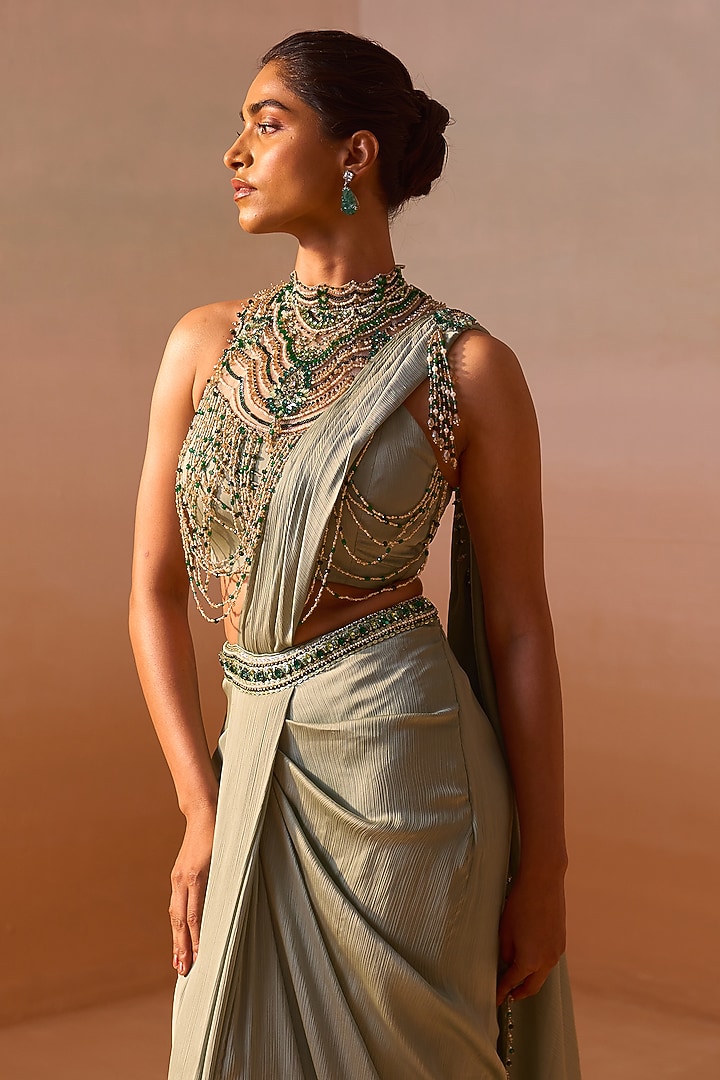 Sage Green Satin Pre-Draped Wedding Saree Set by NITIKA GUJRAL at Pernia's Pop Up Shop