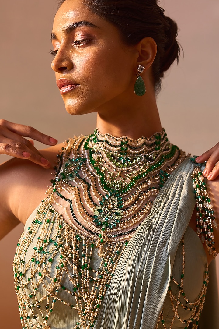 Sage Green Satin Pre-Draped Wedding Saree Set by NITIKA GUJRAL at Pernia's Pop Up Shop