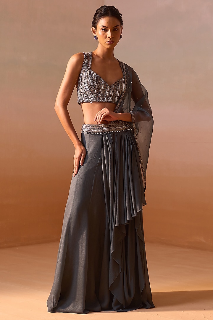 Grey Shimmer Georgette & Organza Pre-Draped Saree Set by NITIKA GUJRAL at Pernia's Pop Up Shop