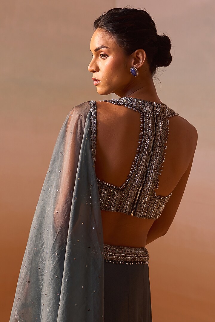 Grey Shimmer Georgette & Organza Pre-Draped Wedding Saree Set by NITIKA GUJRAL at Pernia's Pop Up Shop