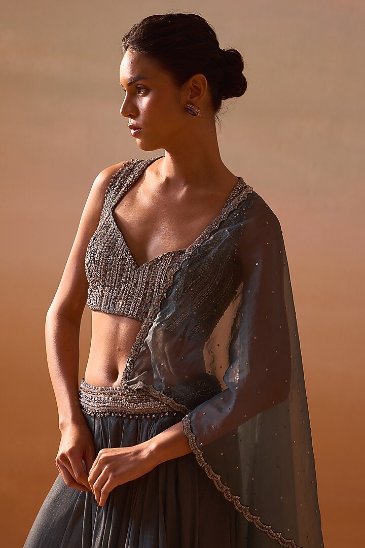 Grey Shimmer Georgette & Organza Pre-Draped Wedding Saree Set by NITIKA GUJRAL at Pernia's Pop Up Shop
