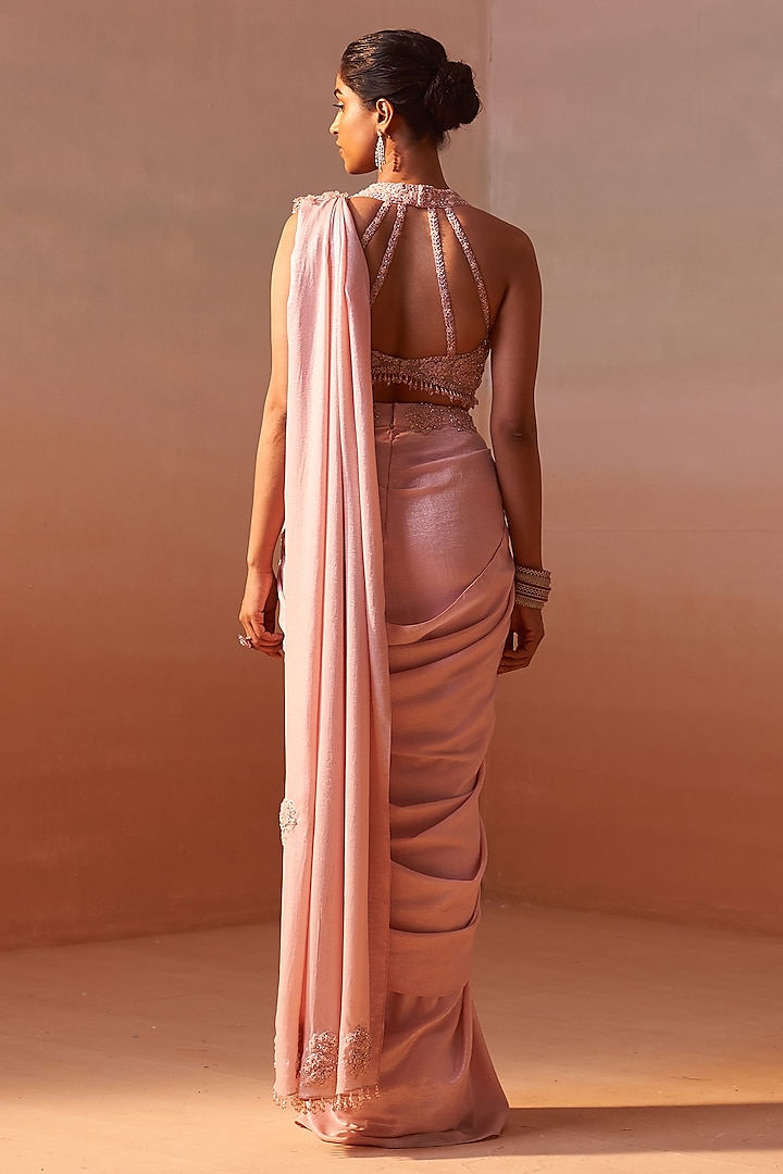 Rose Pink Shimmer Satin & Organza Pre-Draped Wedding Saree Set by NITIKA GUJRAL at Pernia's Pop Up Shop