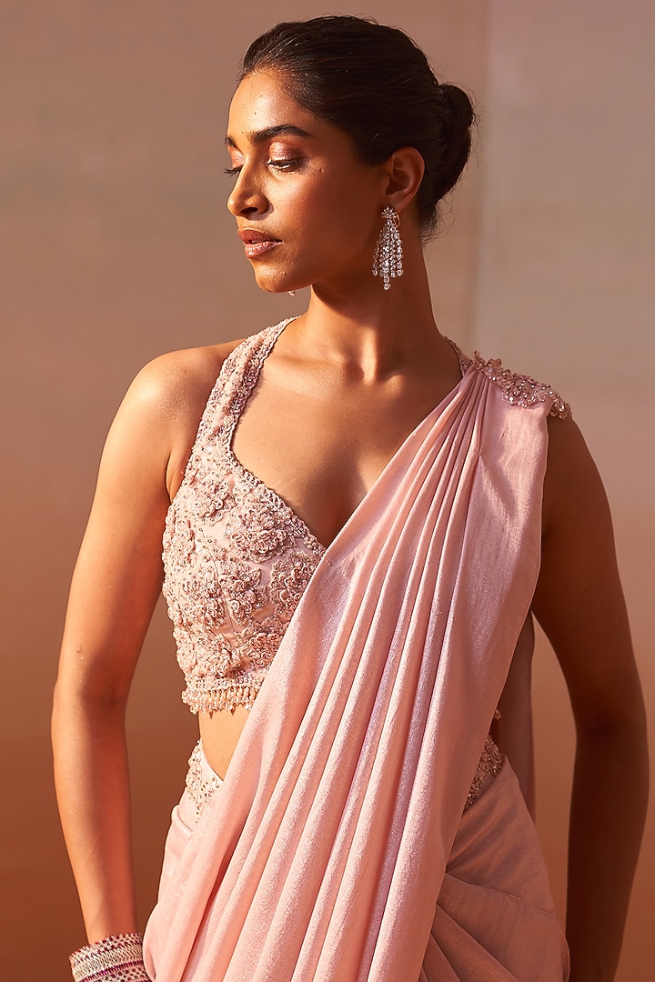 Rose Pink Shimmer Satin & Organza Pre-Draped Wedding Saree Set by NITIKA GUJRAL at Pernia's Pop Up Shop