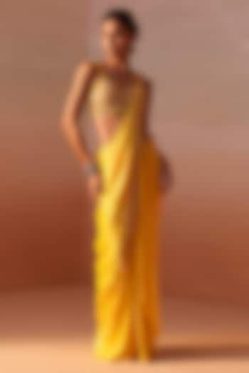 Sunshine Yellow Satin Pre-Draped Wedding Saree Set by NITIKA GUJRAL at Pernia's Pop Up Shop