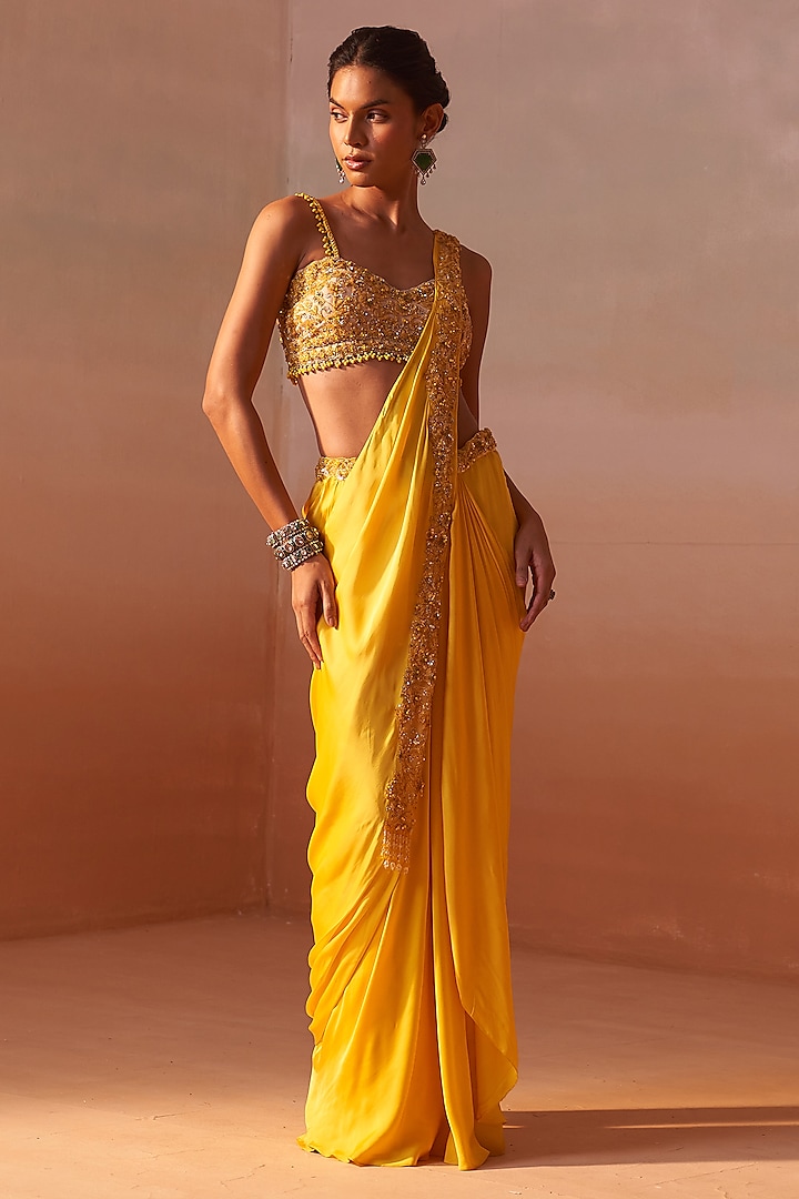 Sunshine Yellow Satin Pre-Draped Wedding Saree Set by NITIKA GUJRAL at Pernia's Pop Up Shop