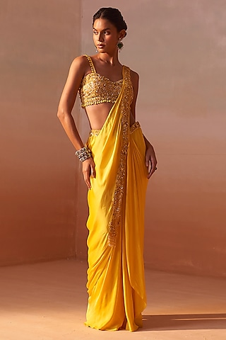 Sunshine Yellow Satin Pre-Draped Saree Set by NITIKA GUJRAL