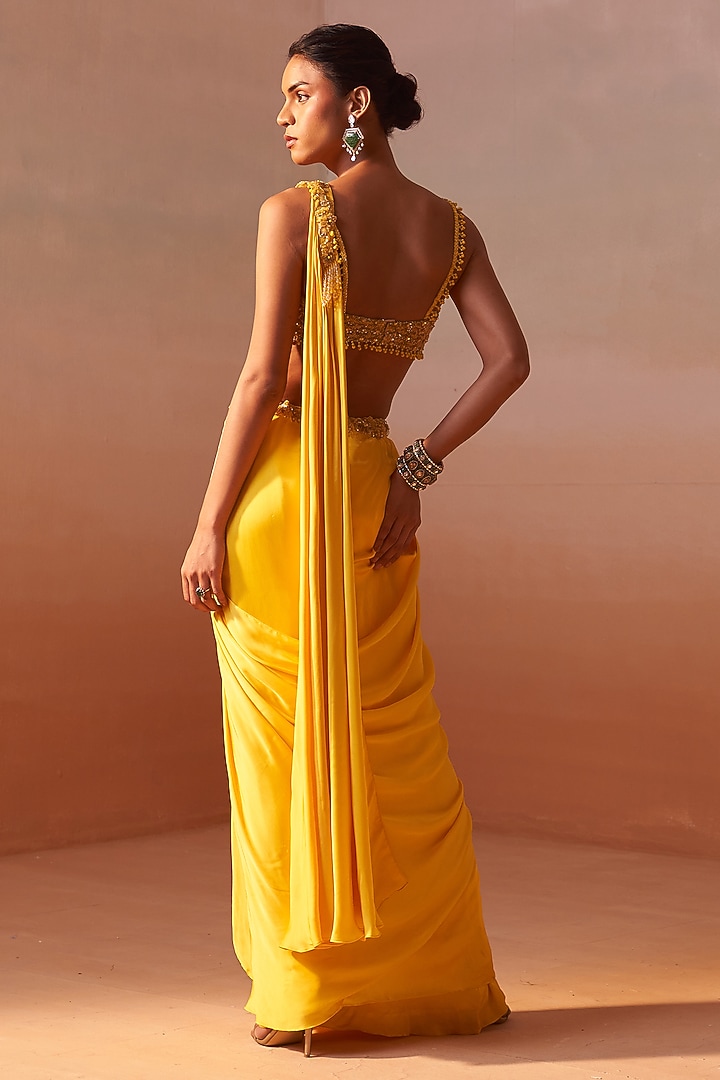 Sunshine Yellow Satin Pre-Draped Wedding Saree Set by NITIKA GUJRAL at Pernia's Pop Up Shop