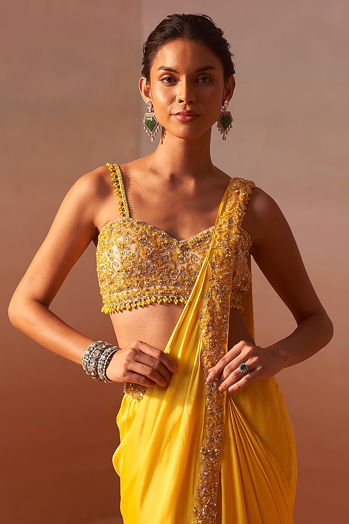 Sunshine Yellow Satin Pre-Draped Wedding Saree Set by NITIKA GUJRAL at Pernia's Pop Up Shop