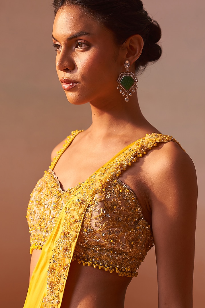 Sunshine Yellow Satin Pre-Draped Wedding Saree Set by NITIKA GUJRAL at Pernia's Pop Up Shop
