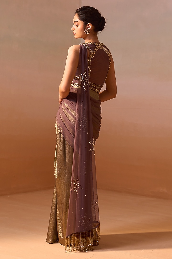 Chocolate Brown Shimmer Satin & Soft Net Pre-Draped Wedding Saree Set by NITIKA GUJRAL at Pernia's Pop Up Shop