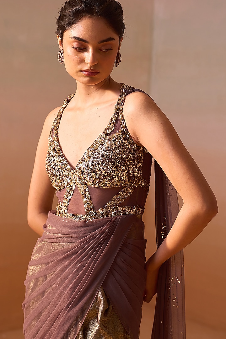 Chocolate Brown Shimmer Satin & Soft Net Pre-Draped Wedding Saree Set by NITIKA GUJRAL at Pernia's Pop Up Shop