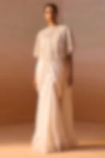Ivory Satin & Net Pre-Draped Saree Set by NITIKA GUJRAL at Pernia's Pop Up Shop