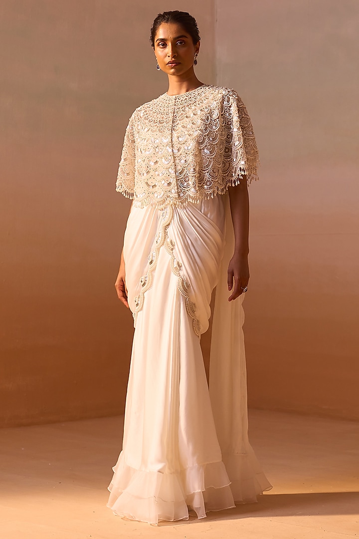Ivory Satin & Net Pre-Draped Saree Set by NITIKA GUJRAL at Pernia's Pop Up Shop