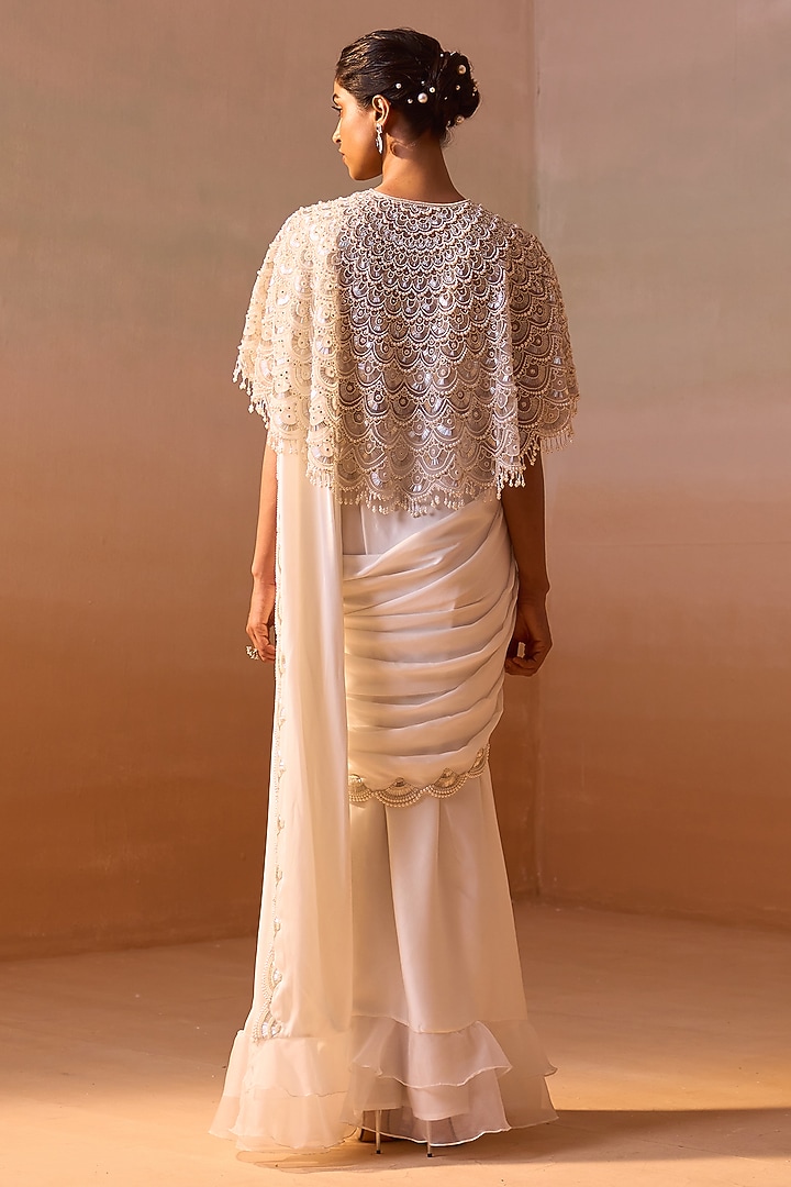 Ivory Satin & Net Pre-Draped Reception Saree Set by NITIKA GUJRAL at Pernia's Pop Up Shop