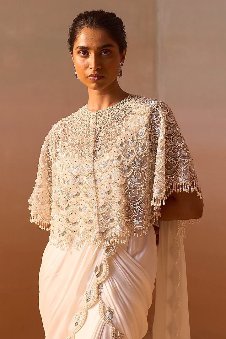 Ivory Satin & Net Pre-Draped Reception Saree Set by NITIKA GUJRAL at Pernia's Pop Up Shop