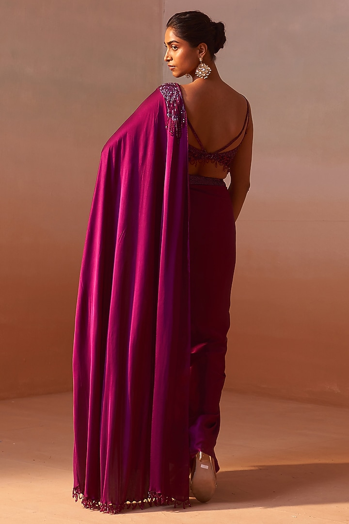 Vibrant Wine Satin Pre-Draped Wedding Saree Set by NITIKA GUJRAL at Pernia's Pop Up Shop