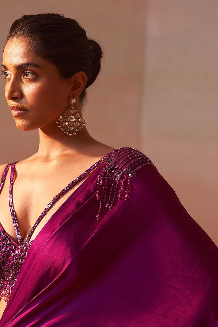 Vibrant Wine Satin Pre-Draped Wedding Saree Set by NITIKA GUJRAL at Pernia's Pop Up Shop