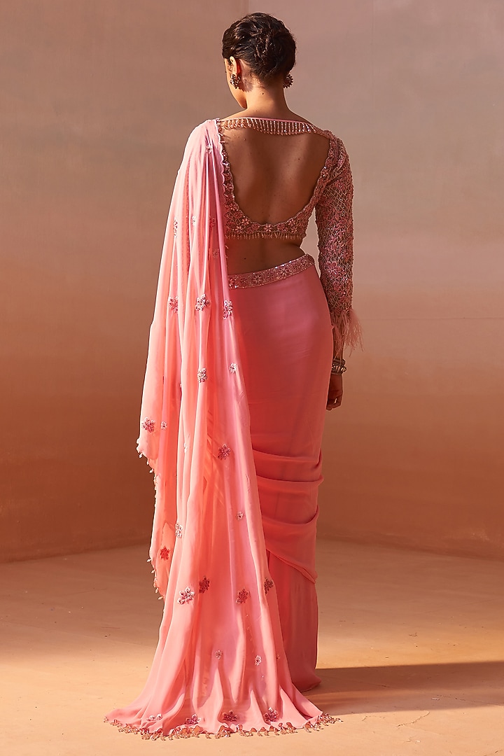 Pink Georgette Pre-Draped Wedding Saree Set by NITIKA GUJRAL at Pernia's Pop Up Shop