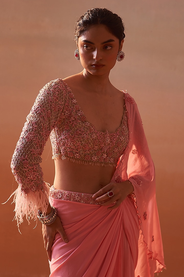 Pink Georgette Pre-Draped Wedding Saree Set by NITIKA GUJRAL at Pernia's Pop Up Shop