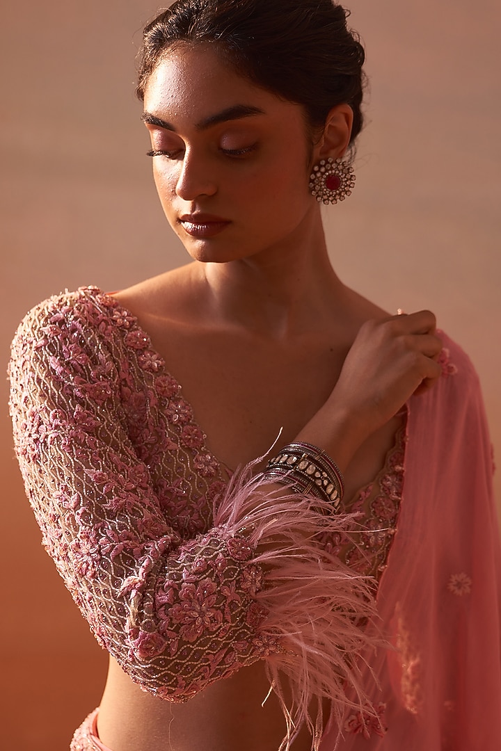 Pink Georgette Pre-Draped Wedding Saree Set by NITIKA GUJRAL at Pernia's Pop Up Shop