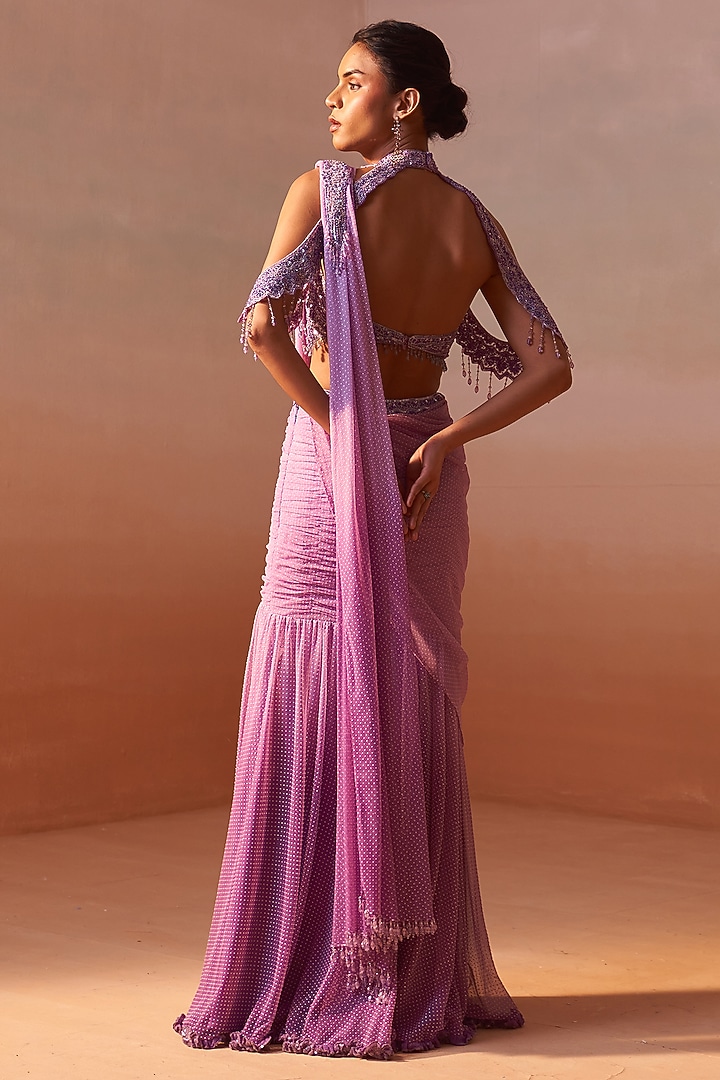 Lilac Ombre Net Printed Pre-Draped Wedding Saree Set by NITIKA GUJRAL at Pernia's Pop Up Shop