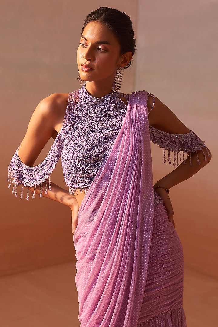 Lilac Ombre Net Printed Pre-Draped Wedding Saree Set by NITIKA GUJRAL at Pernia's Pop Up Shop