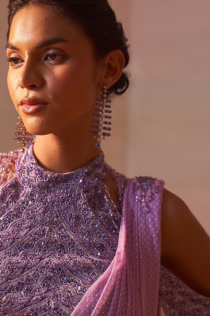 Lilac Ombre Net Printed Pre-Draped Wedding Saree Set by NITIKA GUJRAL at Pernia's Pop Up Shop