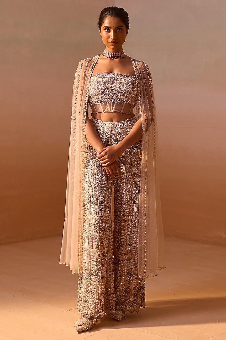 Peach Nude Net Crystal & bead Embellished Co-Ord Set by NITIKA GUJRAL at Pernia's Pop Up Shop