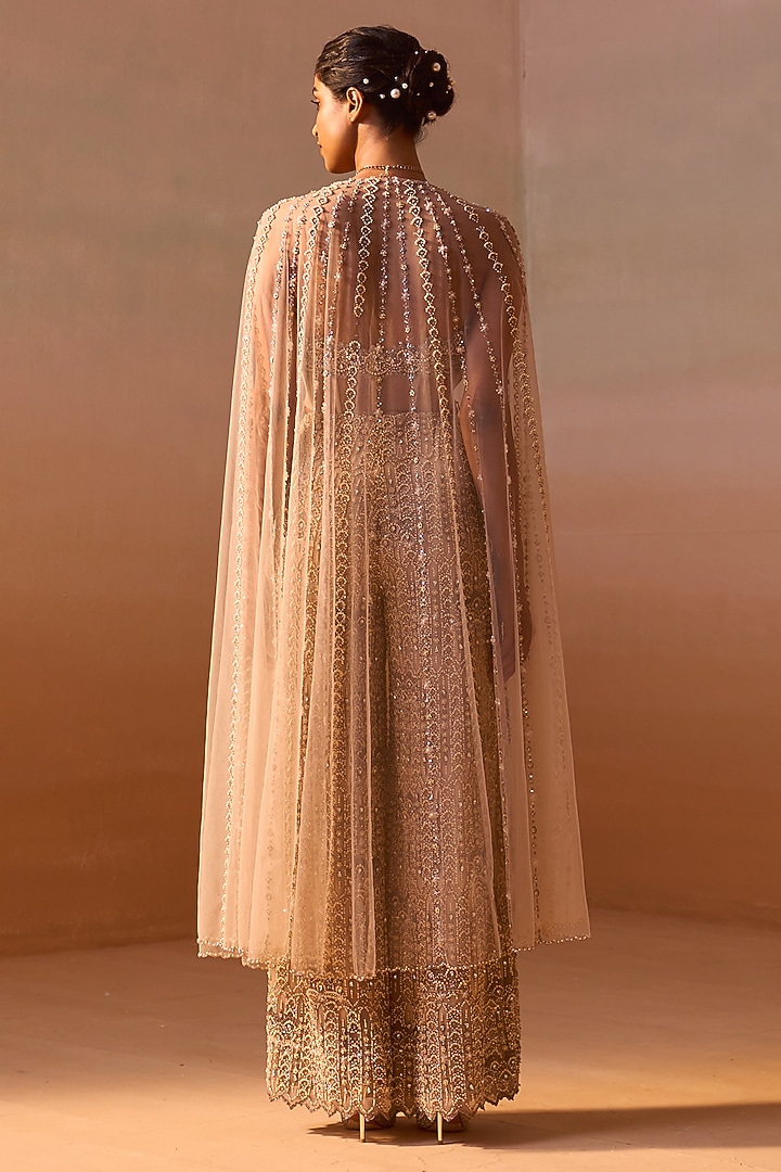 Peach Nude Net Crystal & bead Embellished Co-Ord Set by NITIKA GUJRAL at Pernia's Pop Up Shop