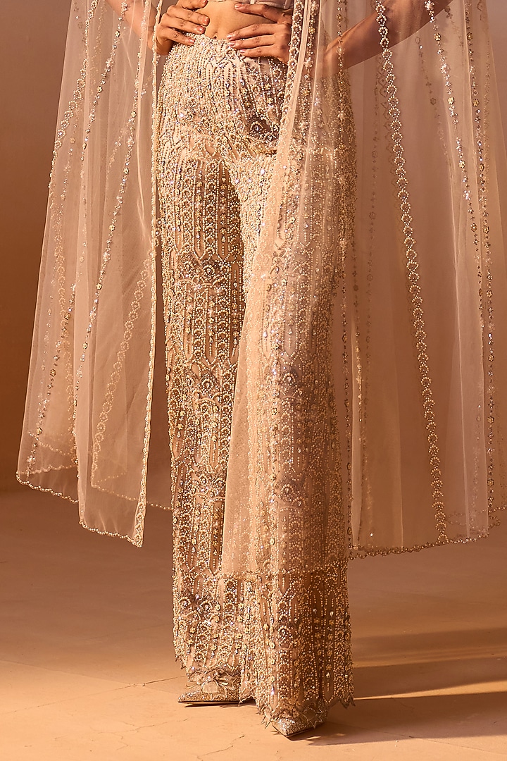 Peach Nude Net Crystal & bead Embellished Co-Ord Set by NITIKA GUJRAL at Pernia's Pop Up Shop