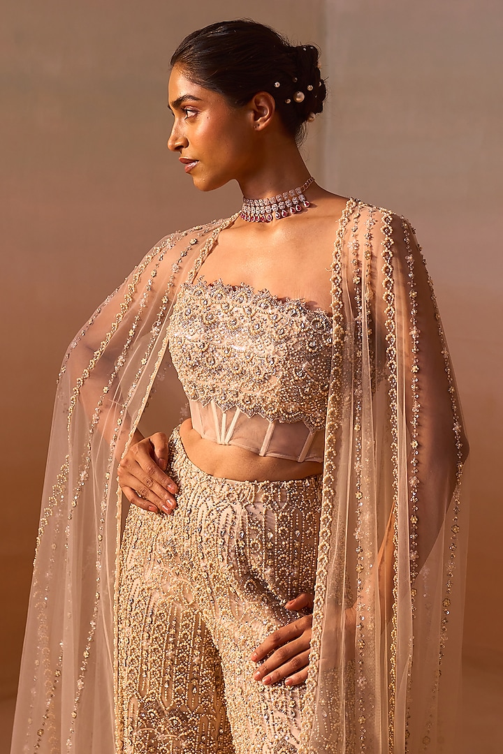 Peach Nude Net Crystal & bead Embellished Co-Ord Set by NITIKA GUJRAL at Pernia's Pop Up Shop