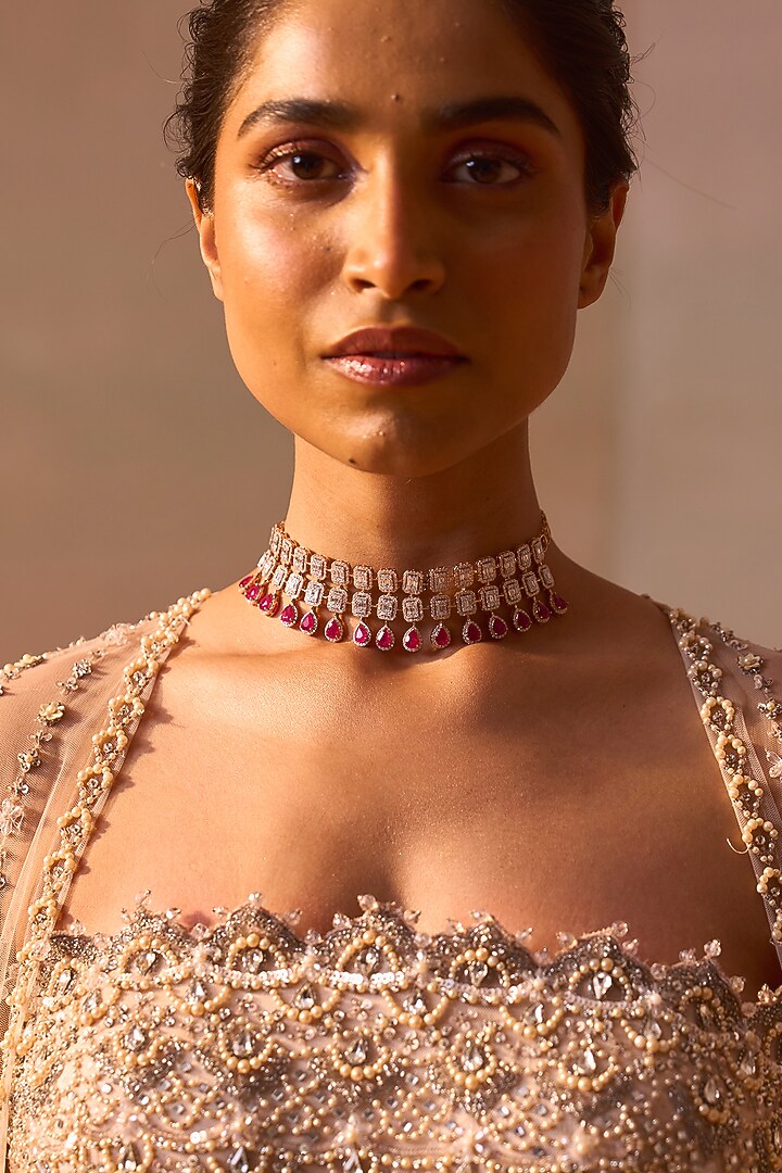 Peach Nude Net Crystal & bead Embellished Co-Ord Set by NITIKA GUJRAL at Pernia's Pop Up Shop