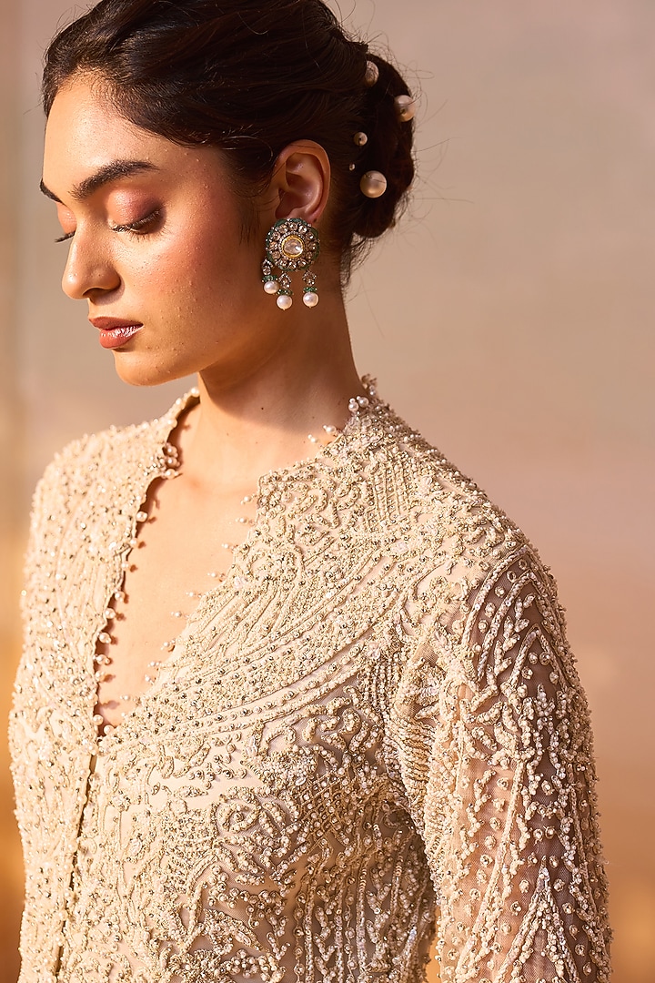 Ivory Net Dori & Sequins Work Jacket Set by NITIKA GUJRAL at Pernia's Pop Up Shop