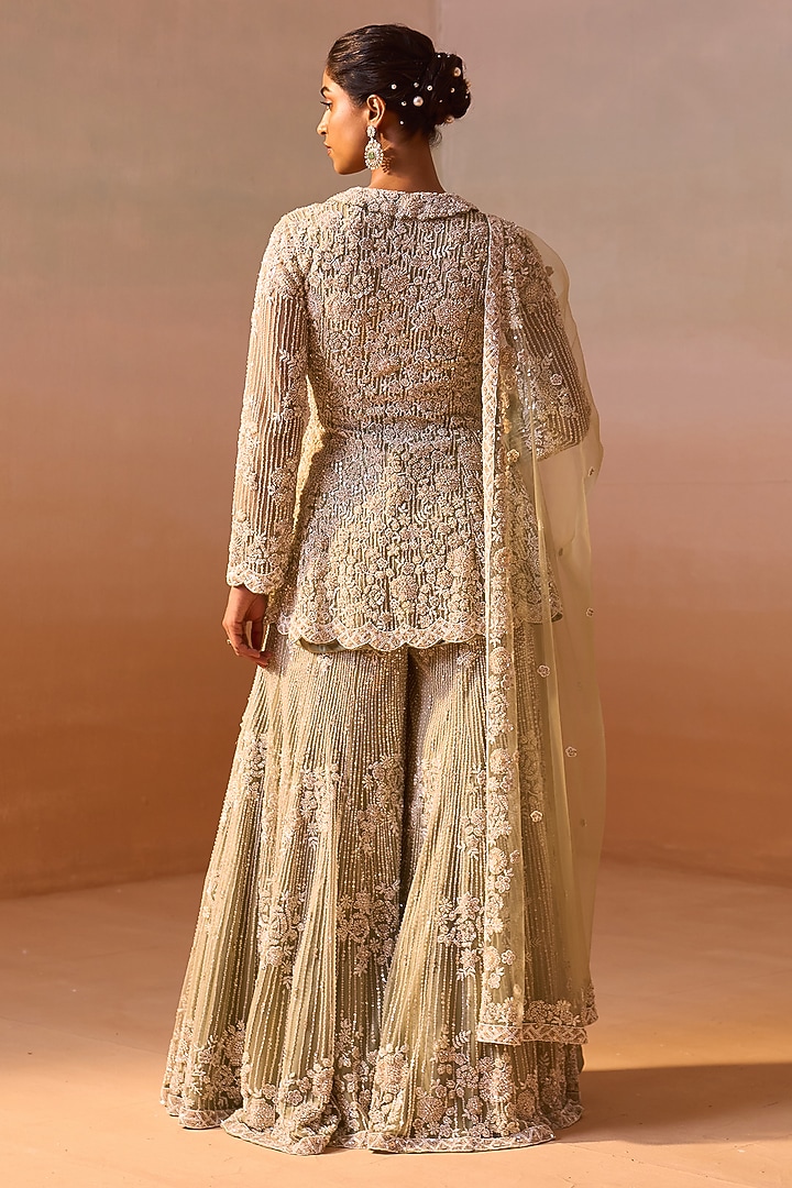 Soft Mint Green Net Sequins & Beadwork Bridal Sharara Set by NITIKA GUJRAL at Pernia's Pop Up Shop