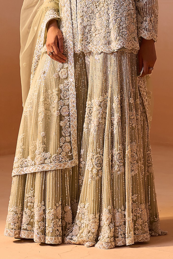 Soft Mint Green Net Sequins & Beadwork Bridal Sharara Set by NITIKA GUJRAL at Pernia's Pop Up Shop