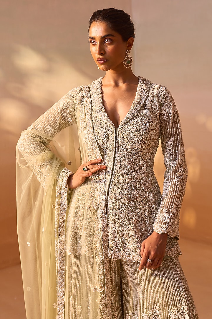 Soft Mint Green Net Sequins & Beadwork Bridal Sharara Set by NITIKA GUJRAL at Pernia's Pop Up Shop