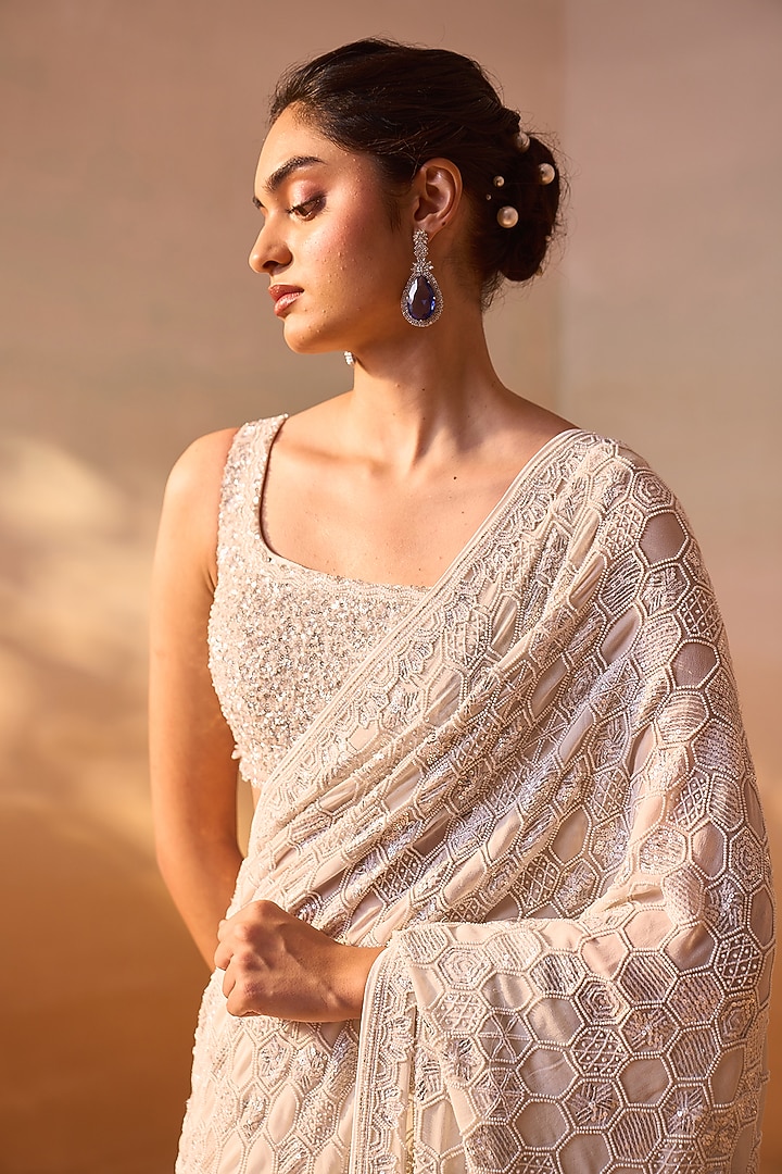 Ivory Georgette Sequins & Beadwork Bridal Saree Set by NITIKA GUJRAL at Pernia's Pop Up Shop