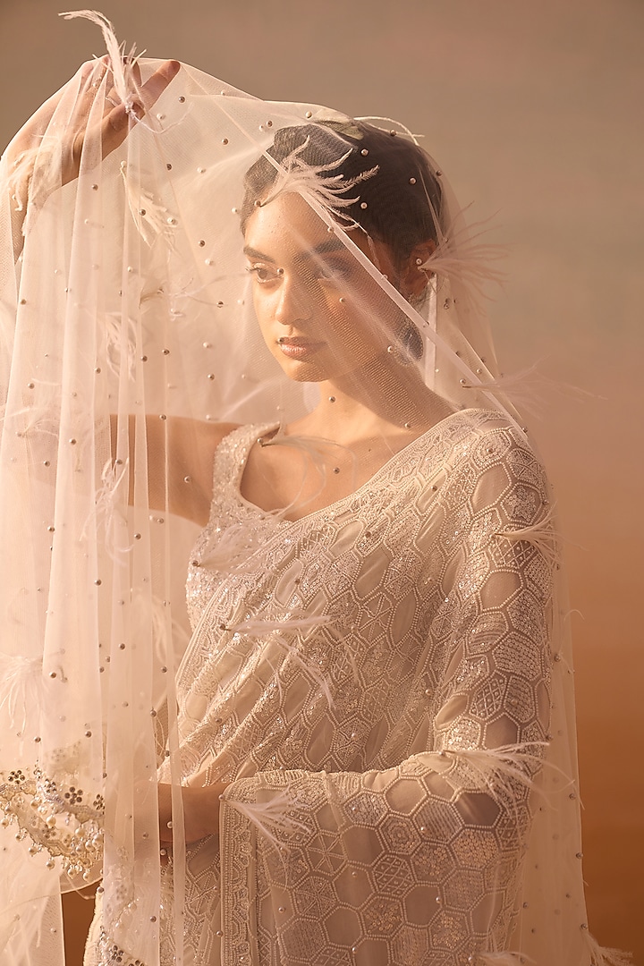 Ivory Georgette Sequins & Beadwork Bridal Saree Set by NITIKA GUJRAL at Pernia's Pop Up Shop